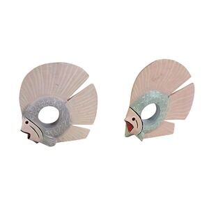 Wood Fish Napkin Rings Set of 2 Pink Gray Hand Painted
